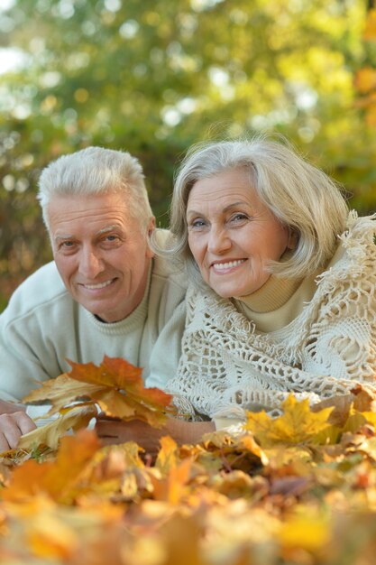 Ritratto di una coppia senior felice nel parco autunnale