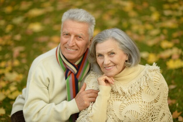 Ritratto di una coppia senior felice nel parco autunnale