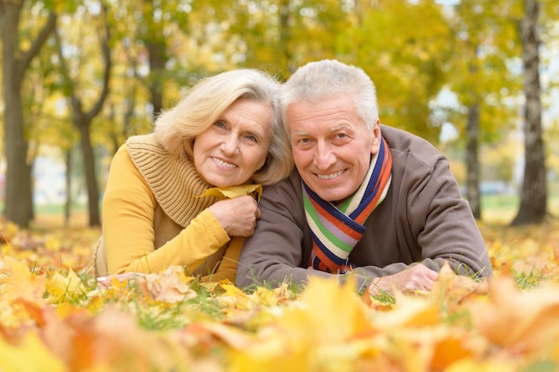 Ritratto di una coppia senior felice nel parco autunnale