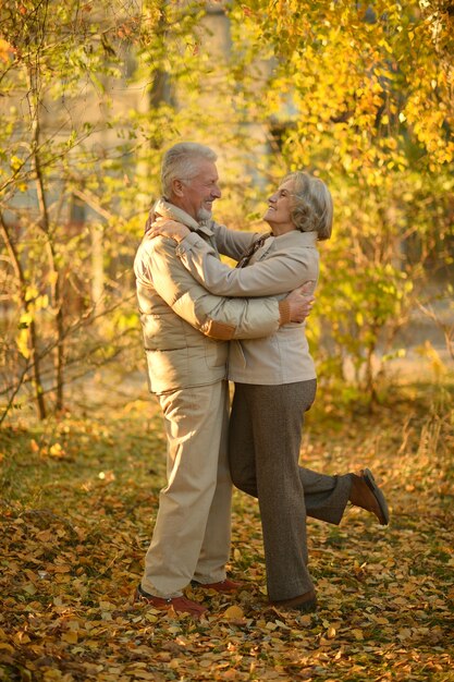 Ritratto di una coppia senior felice nel parco autunnale