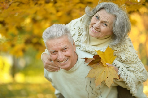 Ritratto di una coppia senior felice nel parco autunnale