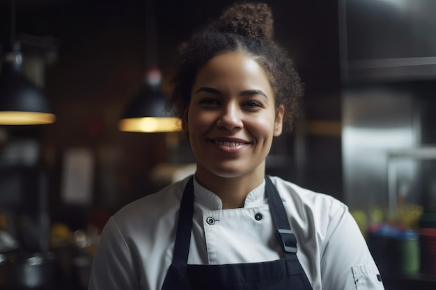 Ritratto di una cuoca afroamericana che lavora in una cucina professionale generativa ai