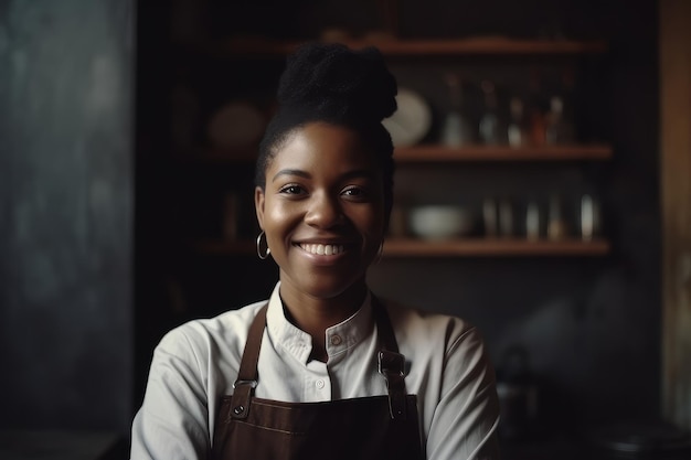 Ritratto di una cuoca afroamericana che lavora in una cucina professionale generativa ai