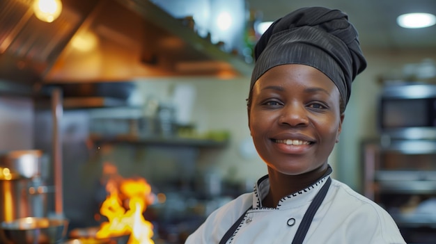 Ritratto di una cuoca nera sicura nella cucina di un ristorante che guarda la telecamera