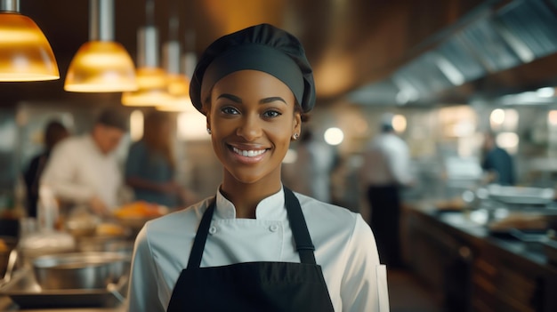 Ritratto di una cuoca sorridente in piedi in cucina in un ristorante