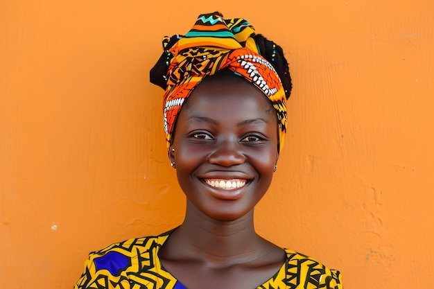 Ritratto di una donna africana sorridente con un velo colorato su uno sfondo arancione