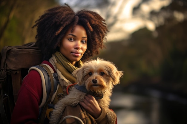 Ritratto di una donna afroamericana che viaggia con il suo cane