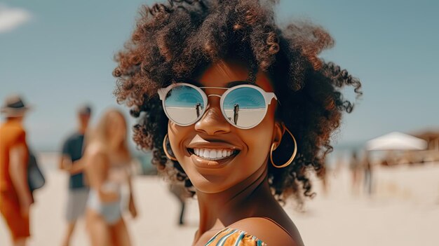 Ritratto di una donna afroamericana sorridente che indossa occhiali da sole in spiaggia con spazio per le copie Una ragazza nera felice che indossa gli occhiali alla moda mentre sorride in riva al mare Una bella donna che si rilassa in mare