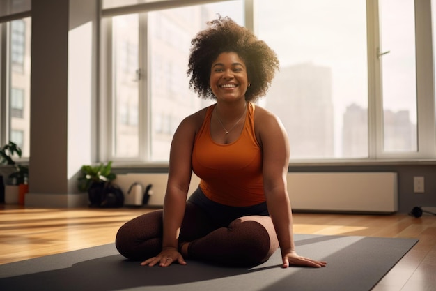 Ritratto di una donna afroamericana su un tappetino da yoga in un interno moderno