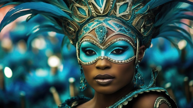 ritratto di una donna al Carnevale brasiliano con il viso dipinto in tonalità vibranti che riflettono l'energia contagiosa e la ricchezza culturale dell'evento generato dall'intelligenza artificiale