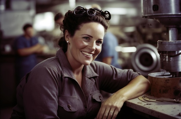 Ritratto di una donna al lavoro, operaia in un'officina meccanica, generata da Ai