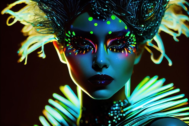 Ritratto di una donna al neon bioluminescente di fantasia mistica Signora alla moda affascinante