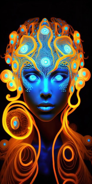 Ritratto di una donna al neon bioluminescente di fantasia mistica Signora alla moda affascinante