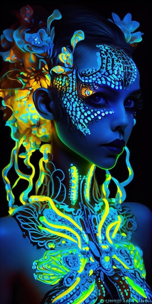 Ritratto di una donna al neon bioluminescente di fantasia mistica Signora alla moda affascinante