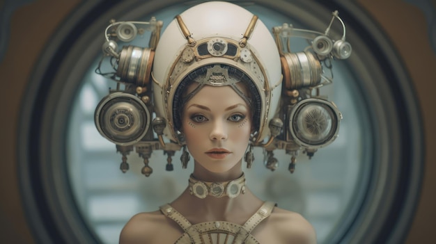 Ritratto di una donna aliena all'interno della sua nave spaziale steampunk