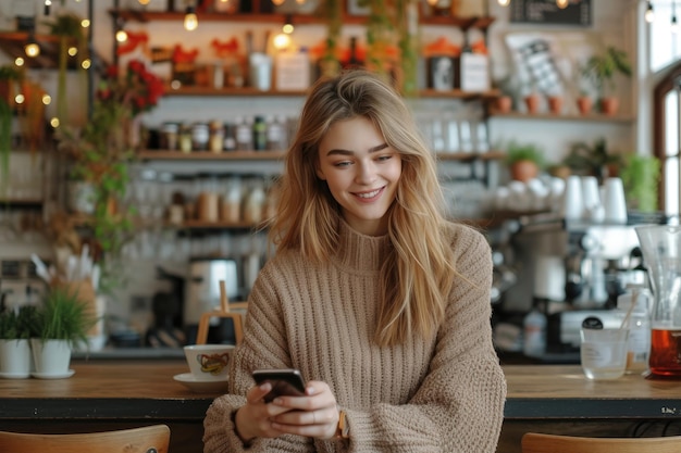 Ritratto di una donna allegra che usa il telefono in un caffè con uno spazio vuoto AI generativa