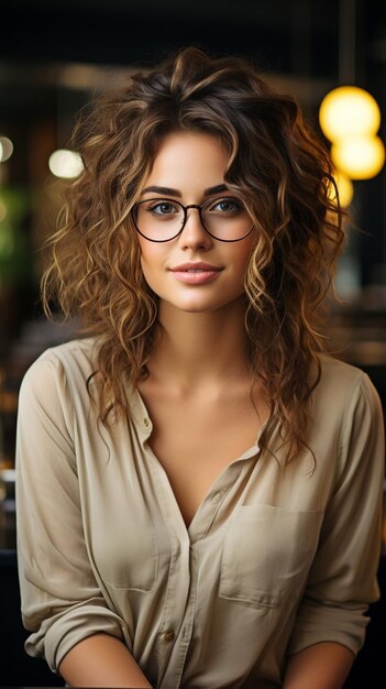 Ritratto di una donna amante del caffè che indossa occhiali e che si trova di fronte alla telecamera