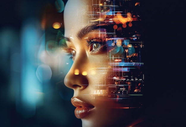 Ritratto di una donna android futuristica con una sovrapposizione di dati tecnologici avanzati