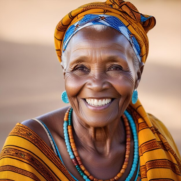 Ritratto di una donna anziana africana sorridente in abiti nazionali luminosi
