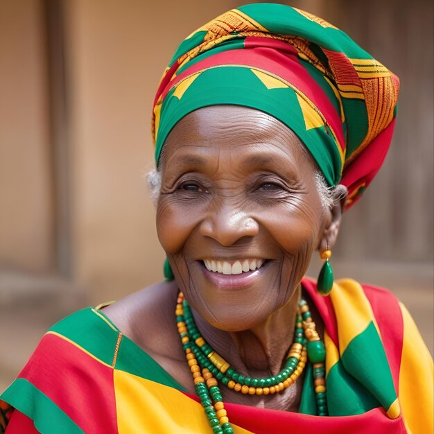 Ritratto di una donna anziana africana sorridente vestita con i colori della bandiera del Sudafrica