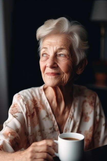 Ritratto di una donna anziana attraente che si gode una tazza di caffè a casa creata con l'IA generativa