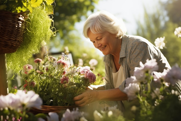 Ritratto di una donna anziana che fa giardinaggio nel suo giardino Una donna matura felice che lavora con bellissimi fiori