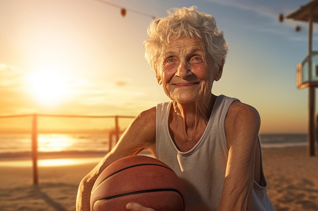 Ritratto di una donna anziana che gioca a basket sulla spiaggia, una persona fiduciosa e felice