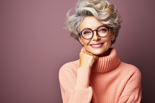 Ritratto di una donna anziana che sorride alla telecamera sullo sfondo colorato