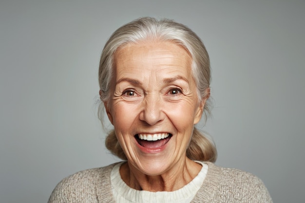 Ritratto di una donna anziana che sorride e guarda la telecamera che ride