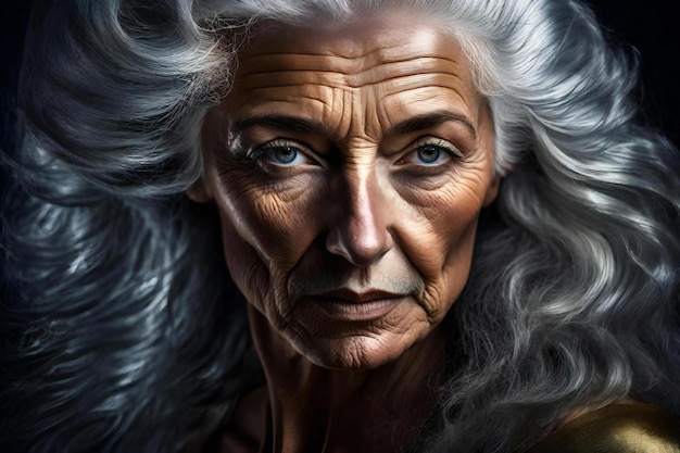 Ritratto di una donna anziana con capelli grigi e occhi azzurri