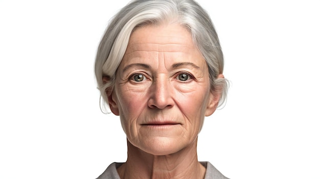 Ritratto di una donna anziana con le rughe sul viso isolato su sfondo bianco