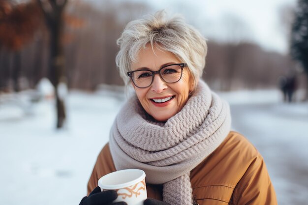 Ritratto di una donna anziana con una tazza di caffè in inverno all'aperto