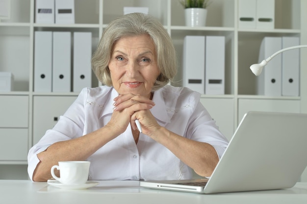 Ritratto di una donna anziana di affari che per mezzo del computer portatile