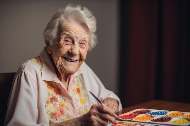 Ritratto di una donna anziana felice che gode di arti e mestieri creati con l'IA generativa