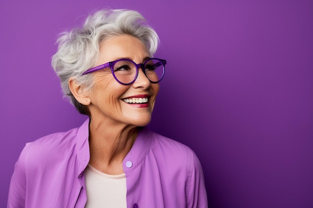 Ritratto di una donna anziana felice con gli occhiali su uno sfondo viola