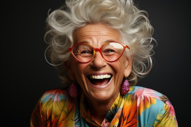 Ritratto di una donna anziana felice con gli occhiali, una vecchia donna che ride con i capelli tagliati in abiti eleganti.
