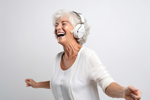Ritratto di una donna anziana felice in cuffie wireless che balla su sfondo bianco AI Generato