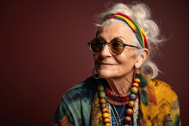 Ritratto di una donna anziana fresca e alla moda che indossa abiti e occhiali da sole alla moda Generativo ai