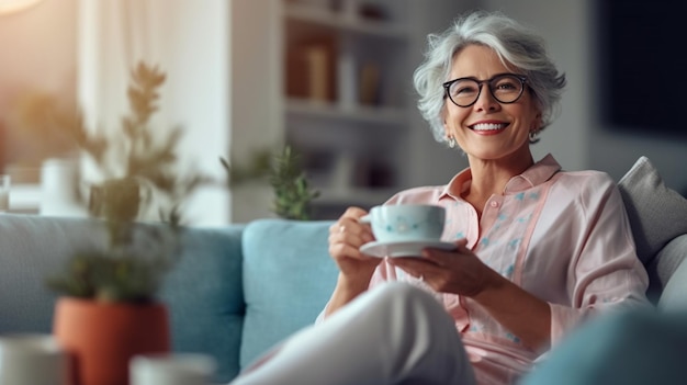 Ritratto di una donna anziana sorridente con gli occhiali che tiene in mano una tazza di caffè all'homegenerative ai