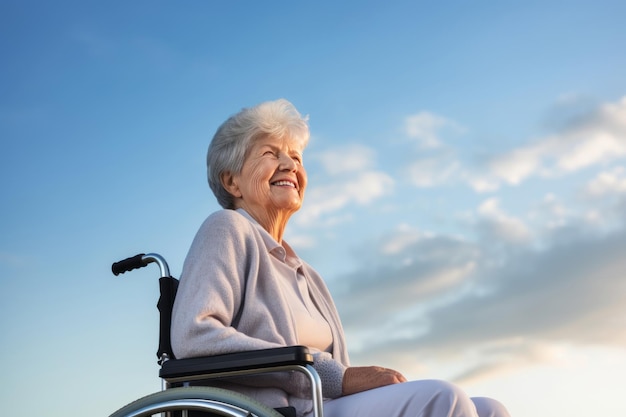 Ritratto di una donna anziana sorridente in sedia a rotelle cielo blu all'aperto sfondo AI generato