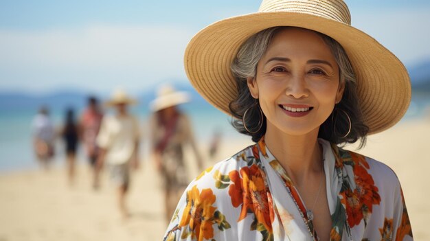 Ritratto di una donna asiatica anziana felice che indossa un cappello di paglia sulla spiaggia