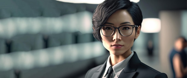 Ritratto di una donna asiatica con gli occhiali in abito nero nell'arte generativa dell'ufficio di AI