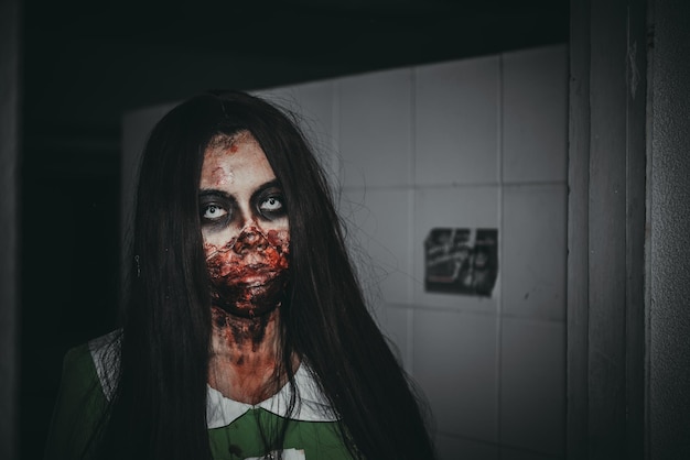 Ritratto di una donna asiatica con la faccia di un fantasma Scena di orrore Sfondi spaventosi Poster di Halloween