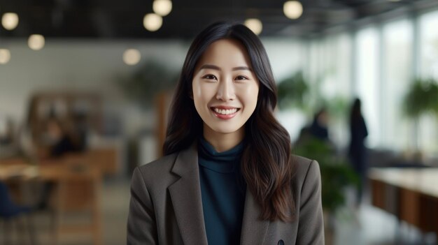 Ritratto di una donna asiatica felice che sorride in piedi in un moderno ufficio