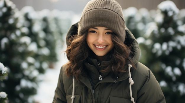 Ritratto di una donna asiatica in inverno che indossa abiti caldi in piedi e guarda la telecamera
