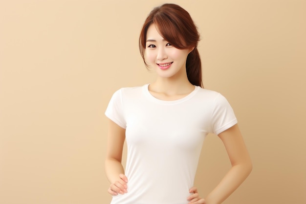 Ritratto di una donna asiatica sorridente che indossa una semplice maglietta bianca isolata su sfondo a tinta unita