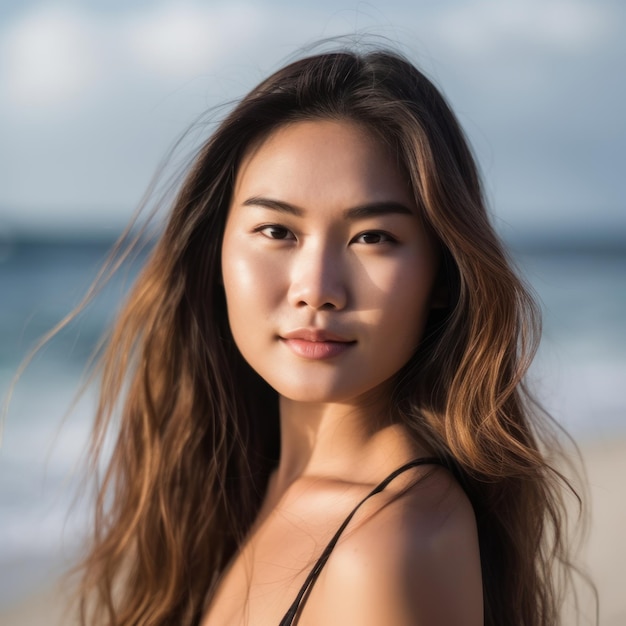 Ritratto di una donna asiatica sulla spiaggia tropicale