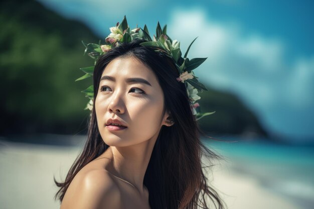 Ritratto di una donna asiatica sulla spiaggia tropicale
