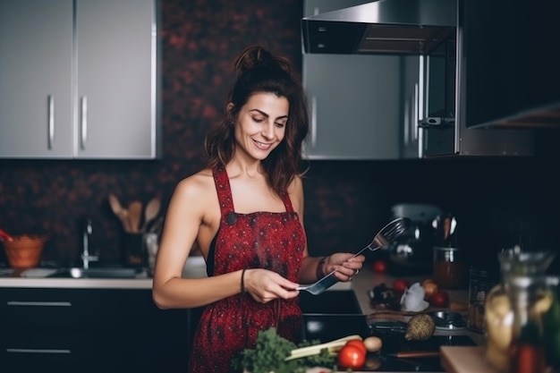 Ritratto di una donna attraente che cucina nella sua cucina creata con l'IA generativa