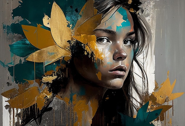 Ritratto di una donna Belle piante su tela Pittura d'interno Bellissimo sfondo AI generativa